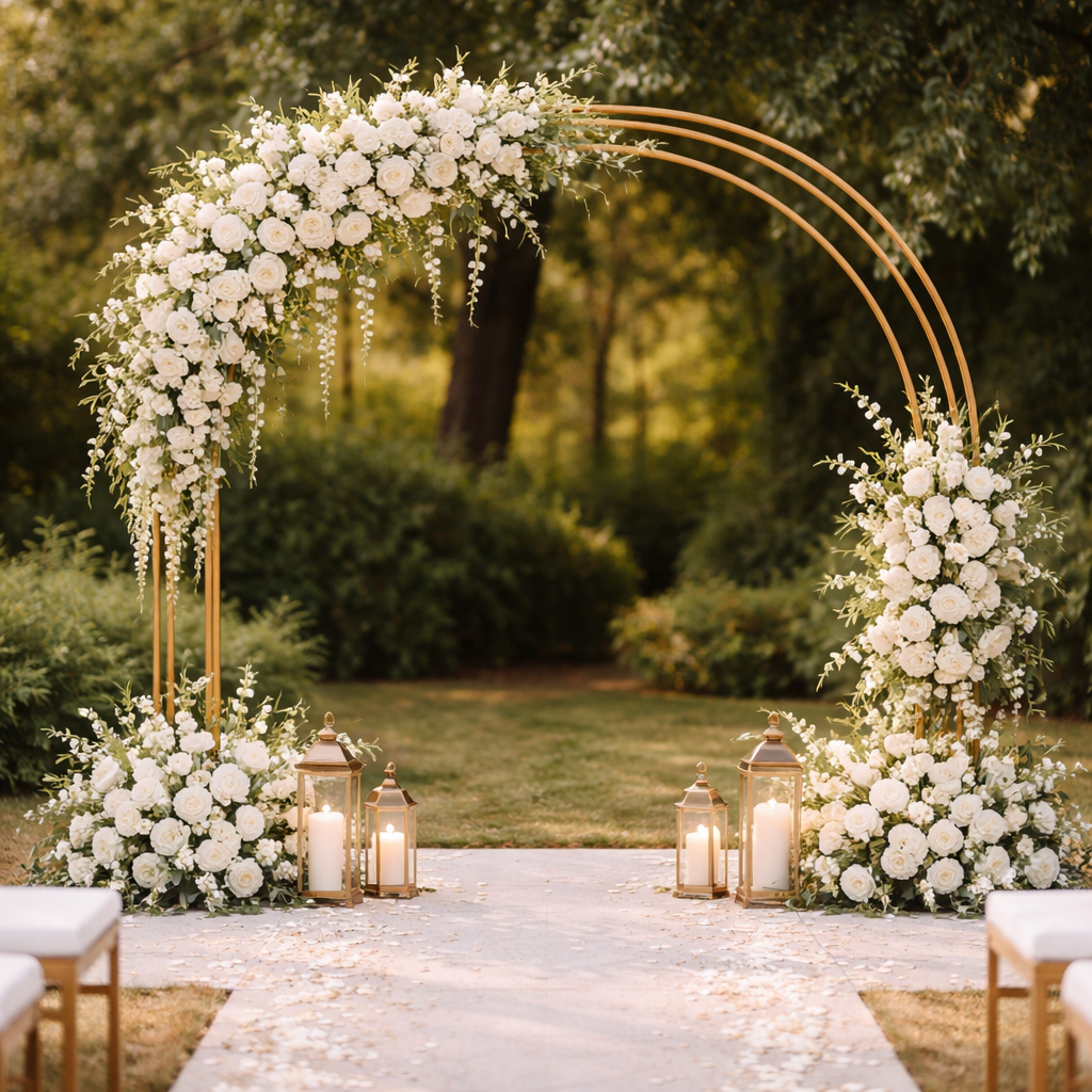 Elegant flower-covered gold wedding arch