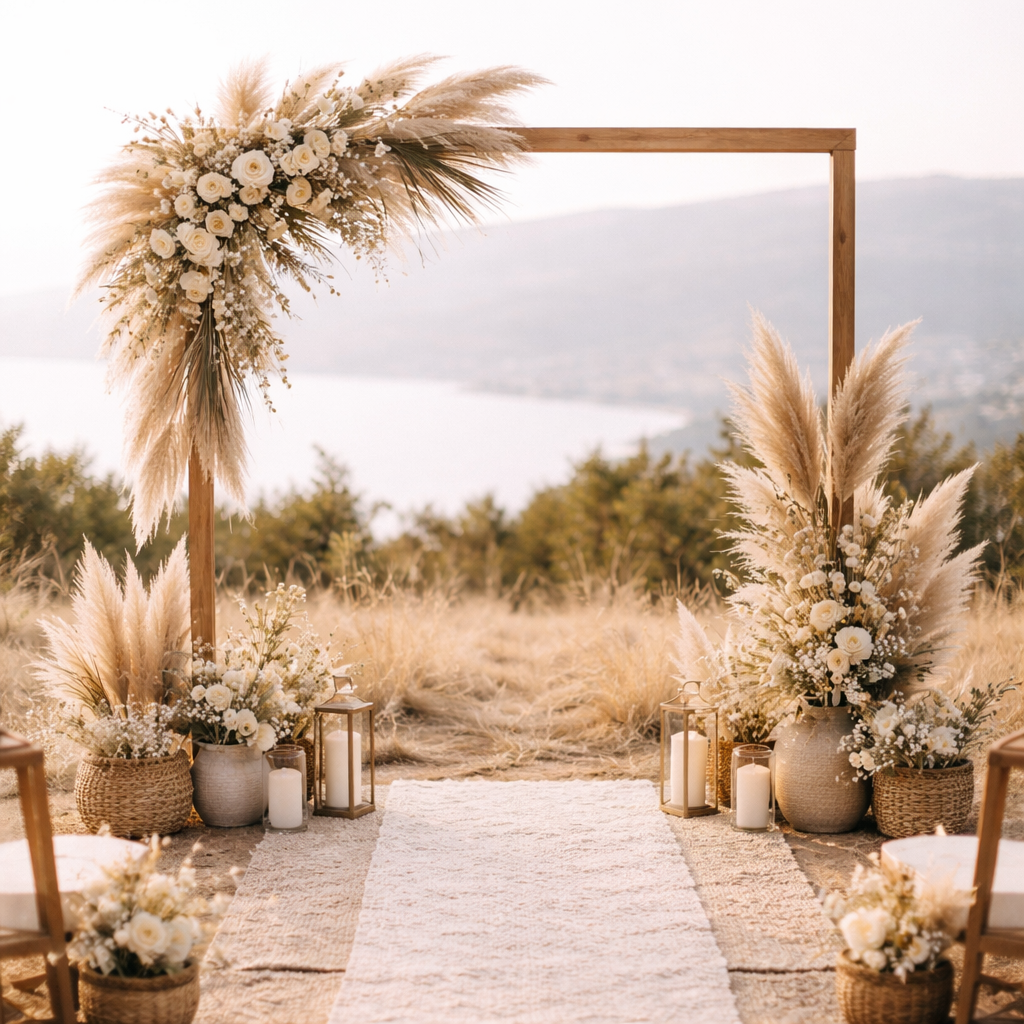 bohemian pampas grass wedding arch by the coast