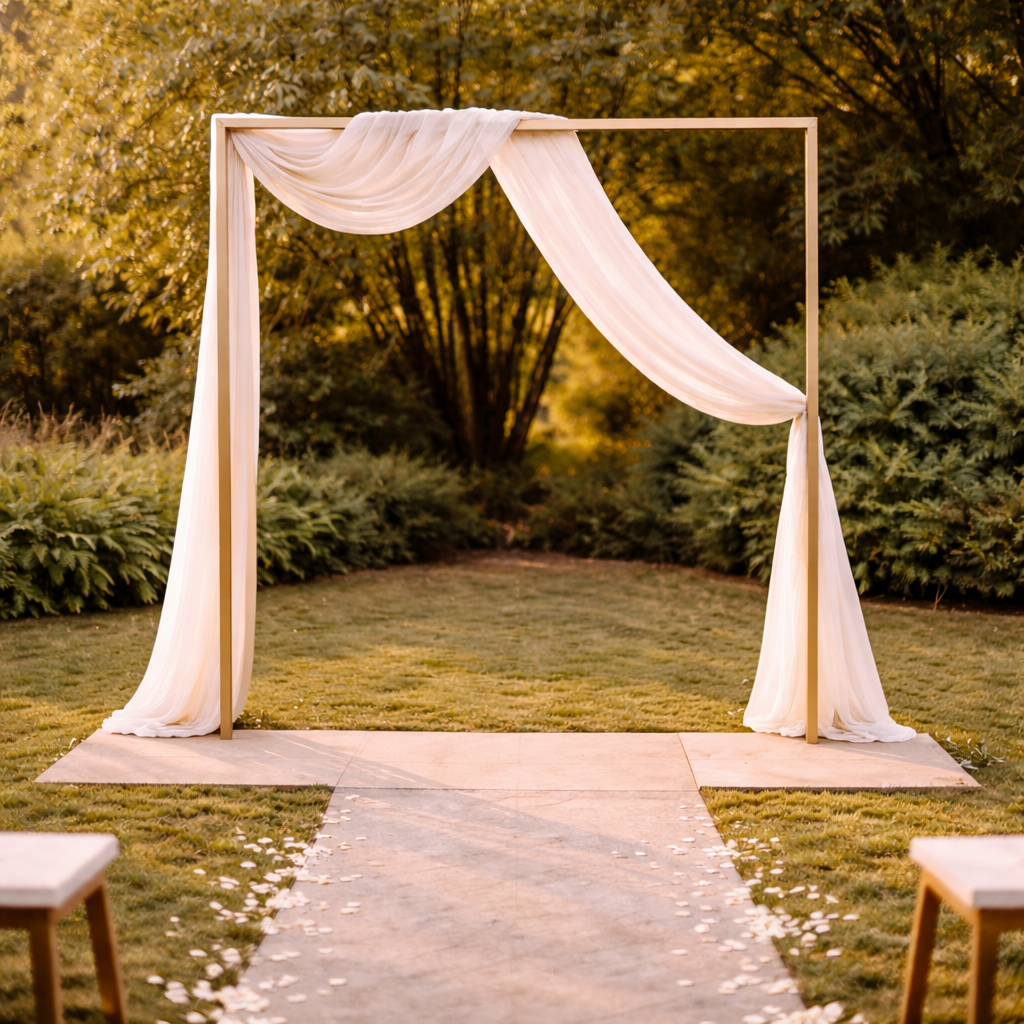 DIY wedding arch created with wooden frame and white drapes