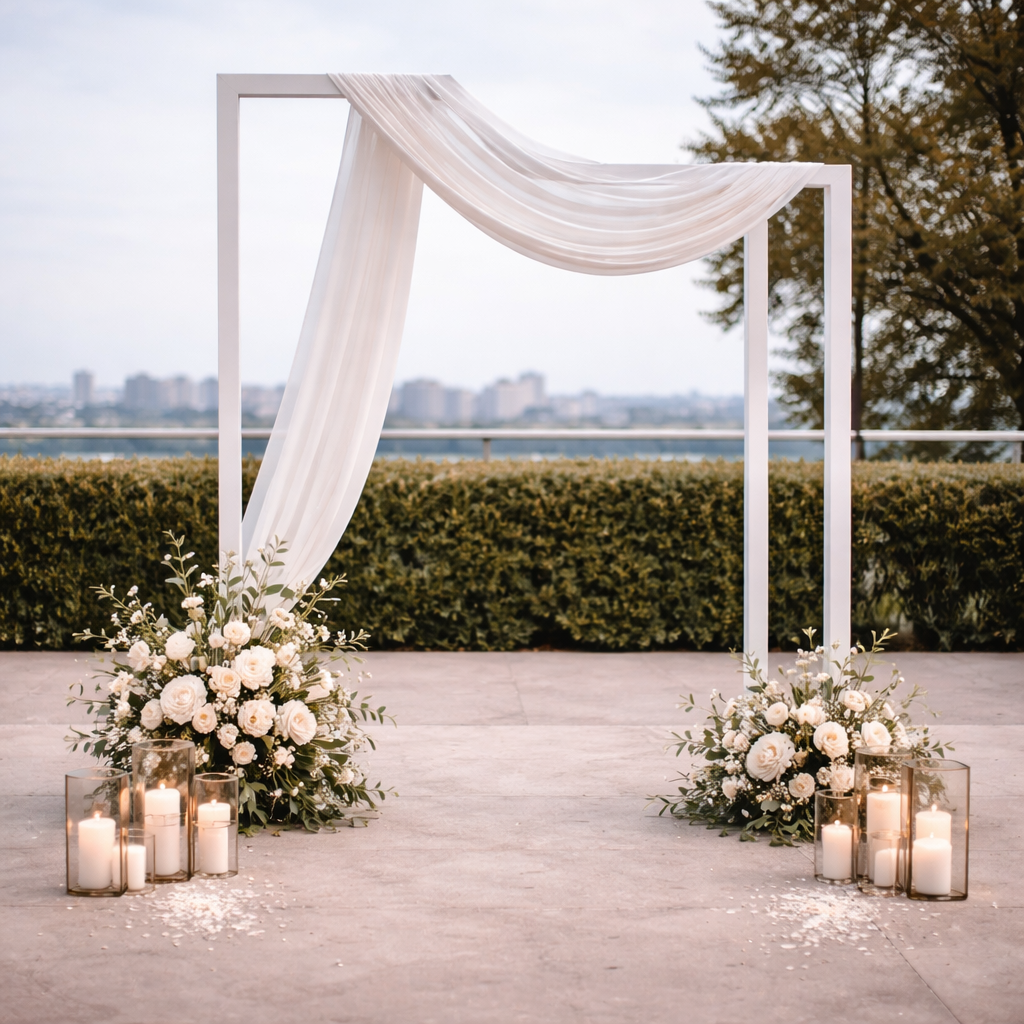 minimalist wedding arch at sunset