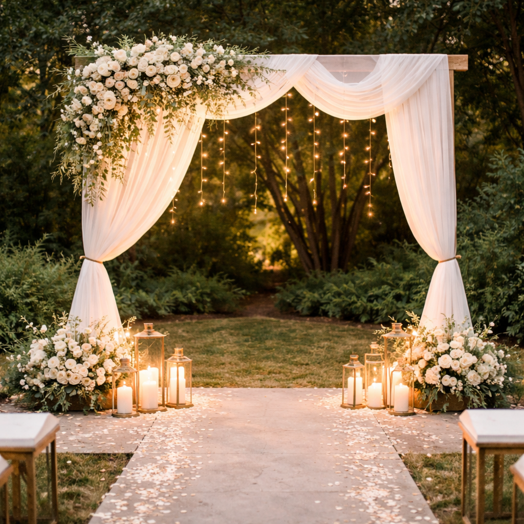 romantic wedding arch with strings lights and white roses