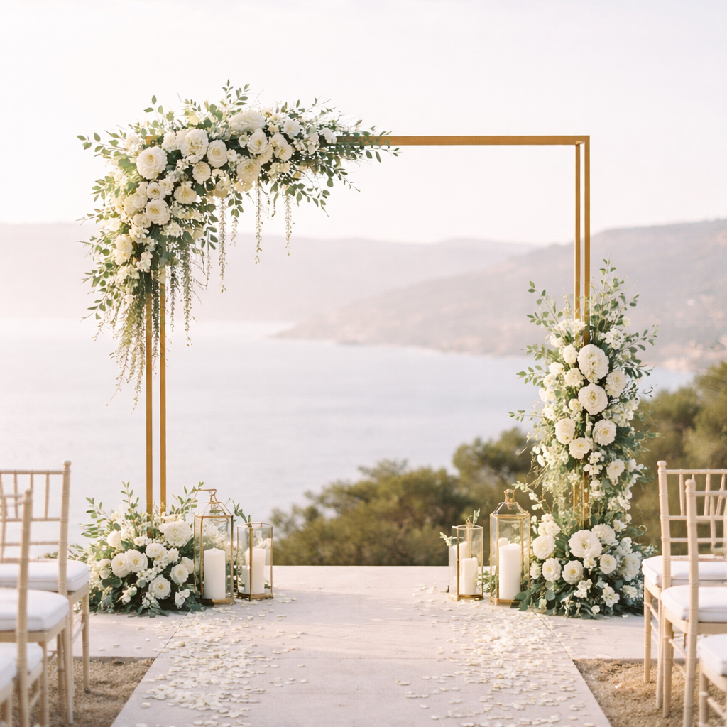 Elegant coastal wedding arch setup