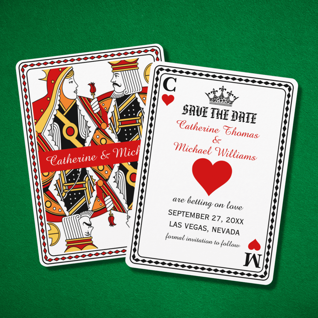 vas vegas pokar theme playing card save the date wedding invitation