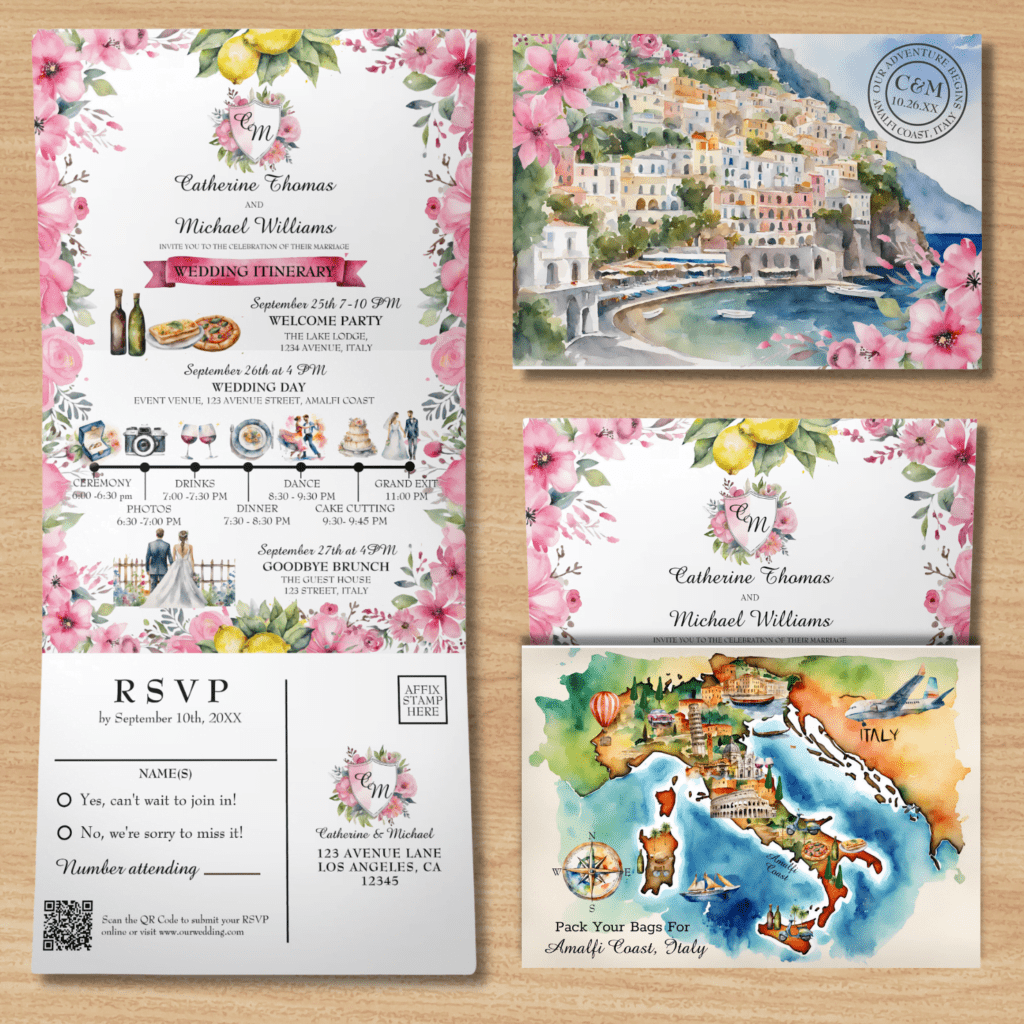 Italian map destination wedding trifold invitation with RSVP card