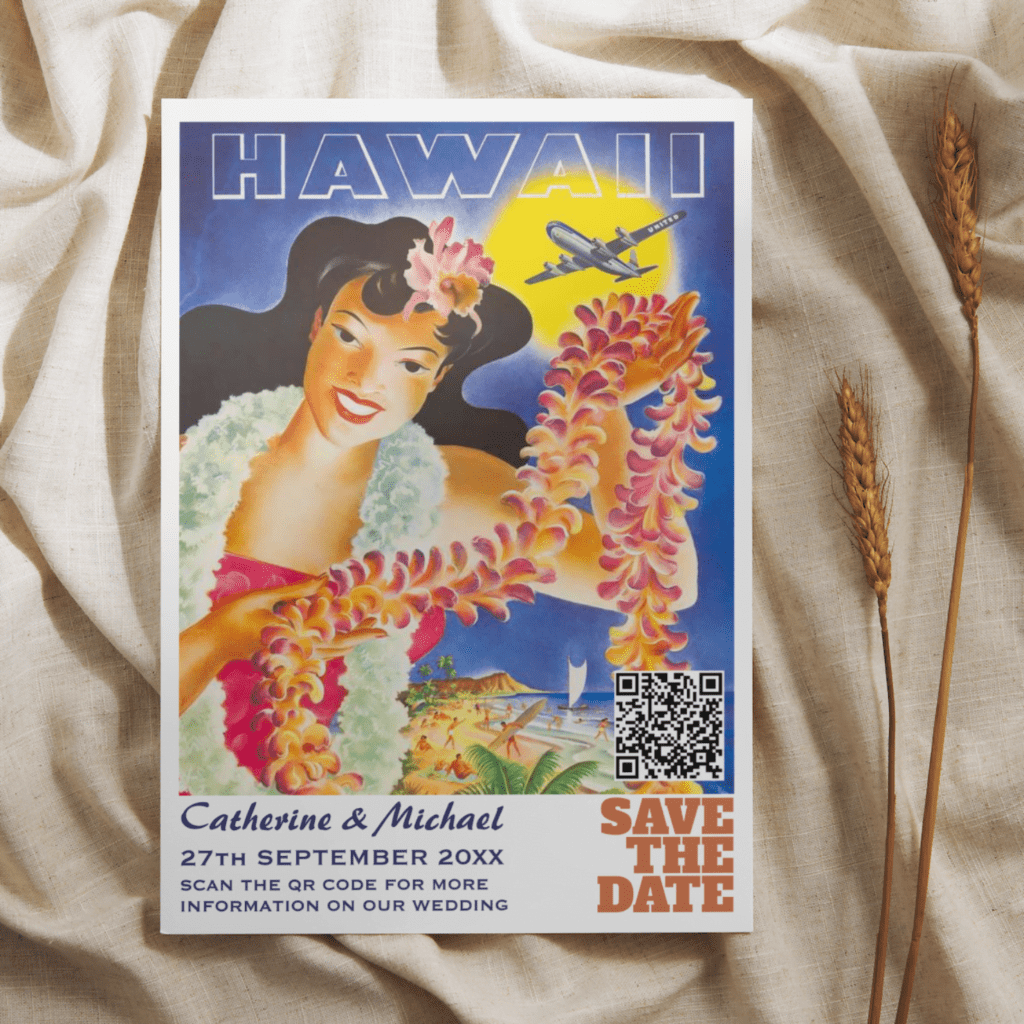 hawaii floral vintage travel poster destination wedding save the date wedding invitation