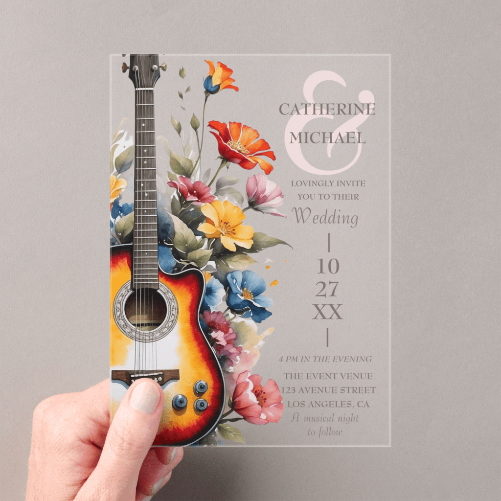 guitar wildflowers musical theme wedding invitation