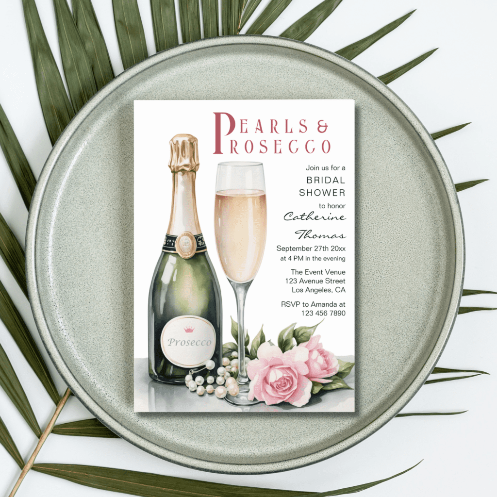 pearls prosecco bridal shower invitation