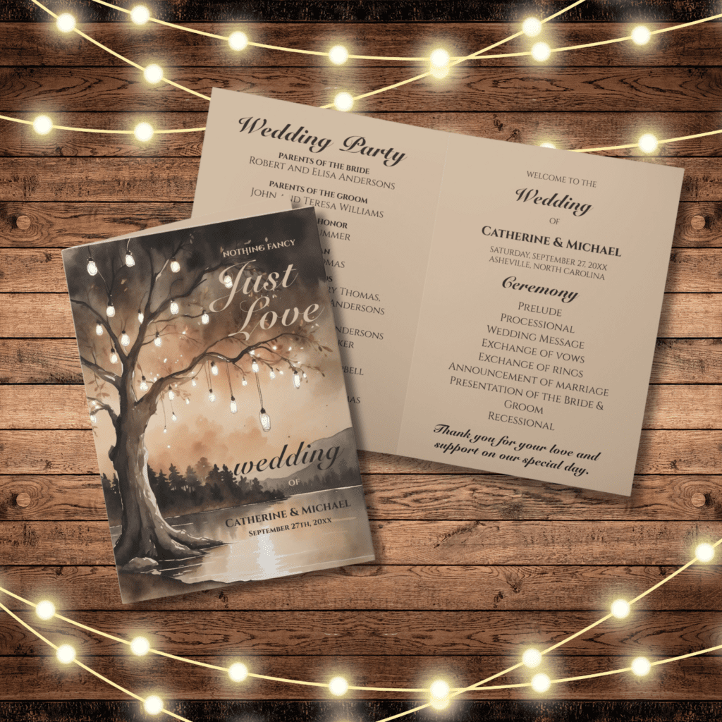 string lights on oak tree autumn wedding program