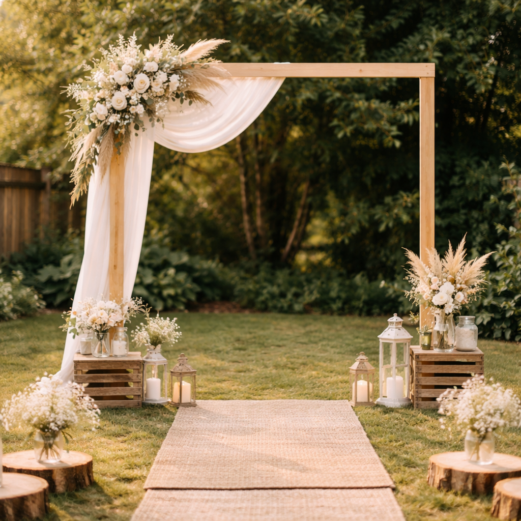 Minimalist wedding arch in a garden