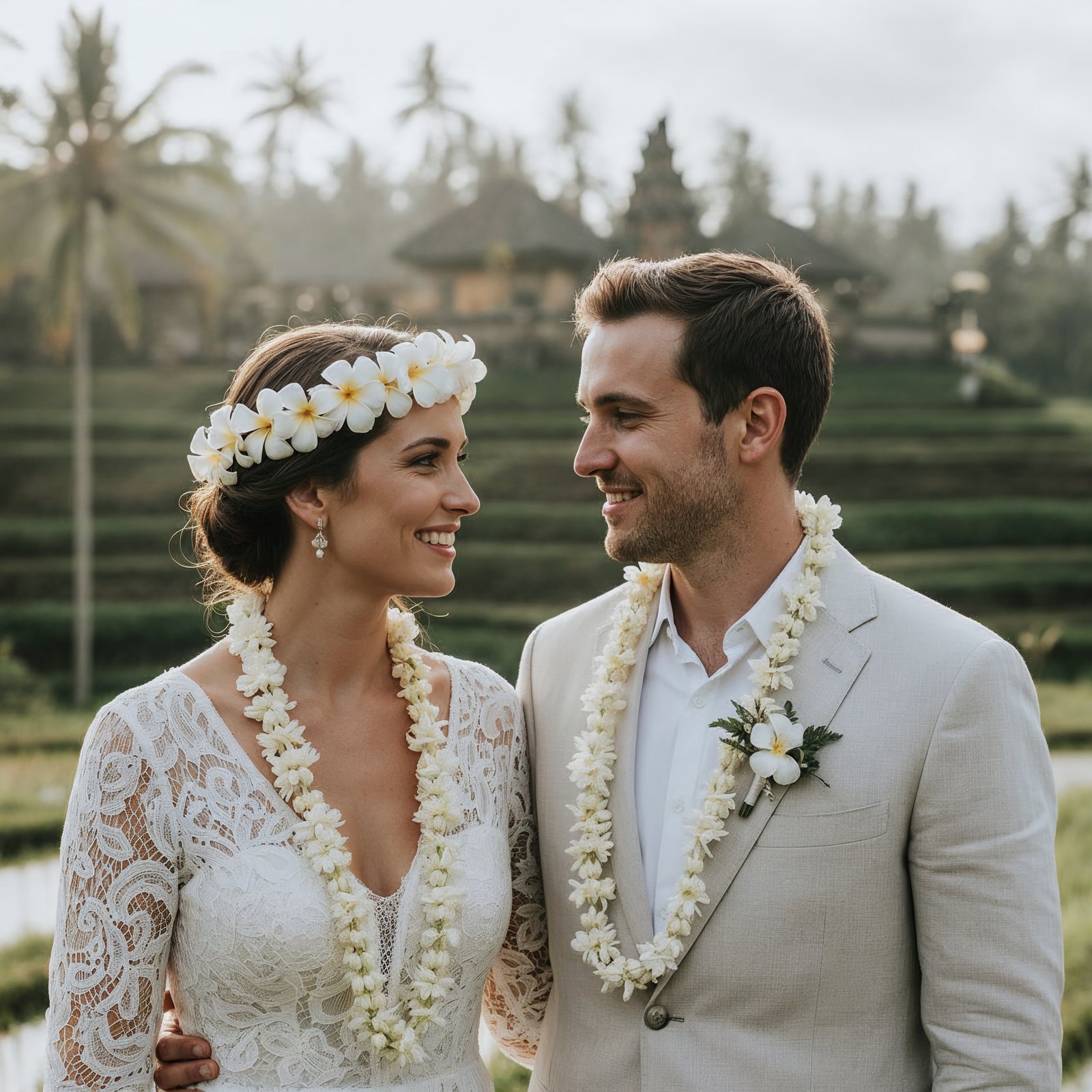 wedding couple at Bali wedding dressed in traditional dress and flower garlands